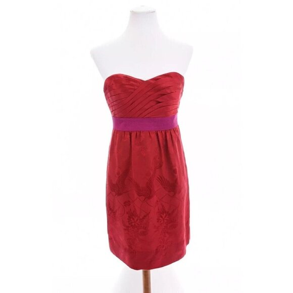 Phoebe Couture Sz 2 100% Silk Jacquard Ruched Shift Dress Strapless Red - Picture 1 of 12